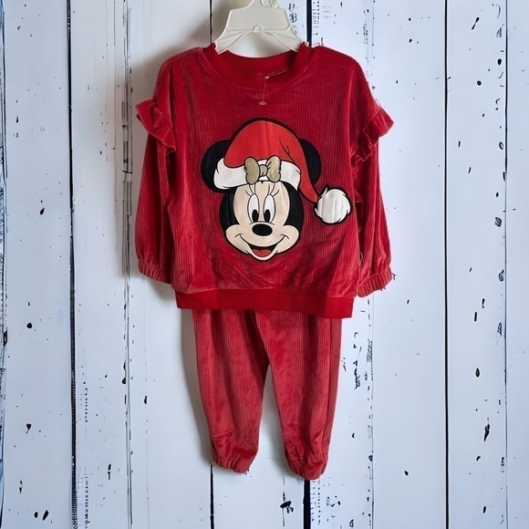 Minnie Mouse Velour Outfit NWT Sz 3T Sweatshirt Pants Christmas Disney Red - Picture 1 of 5